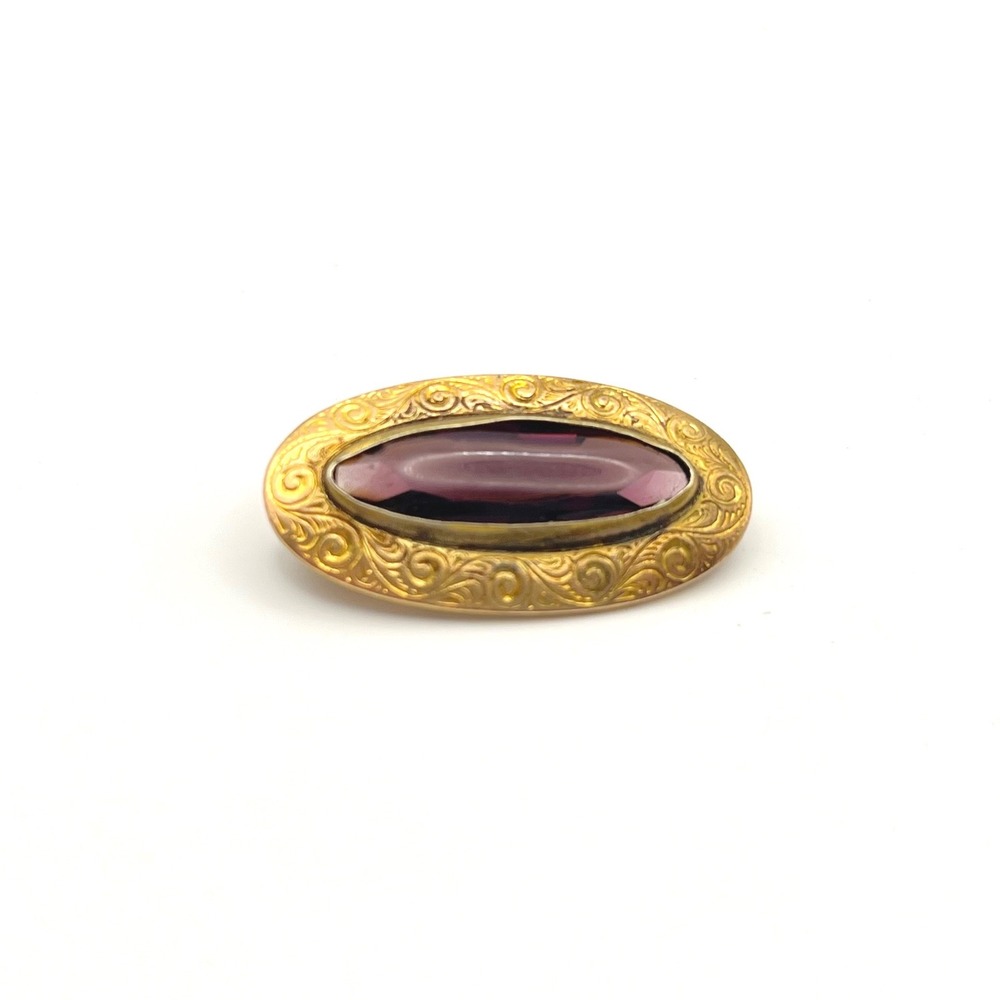Antique Victorian Purple Glass Gold Tone Oval Etched Scrollwork Brooch Pin